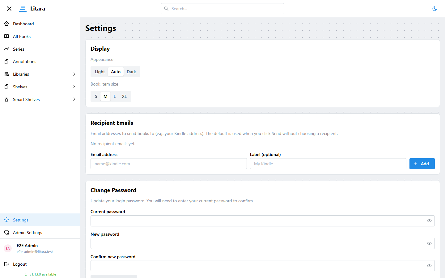 Settings page